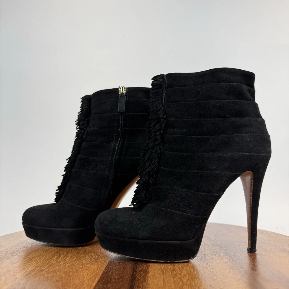 Womens Gucci Black‎ Suede Fringe Trim Platform Heeled Ankle Boots Size EU 37.5